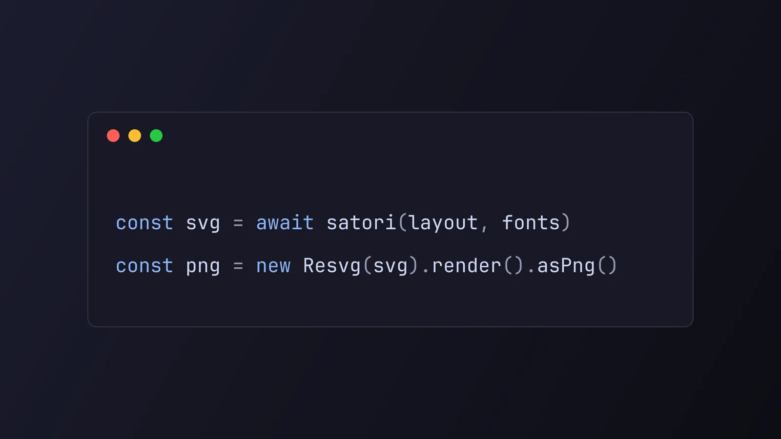 A code editor panel showing the Satori and Resvg calls that render the site's OG images