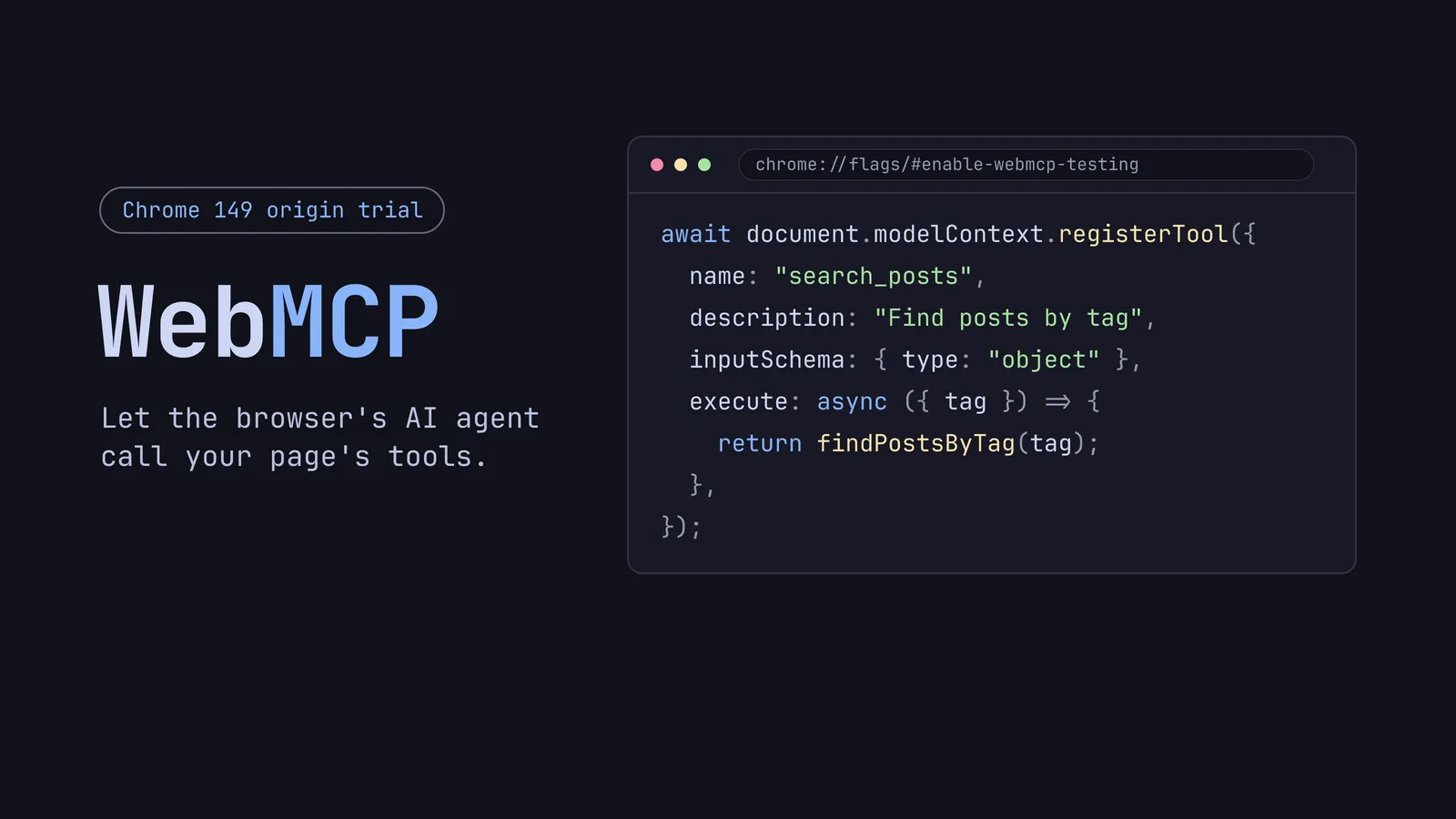 The WebMCP wordmark beside a browser window showing a document.modelContext.registerTool call